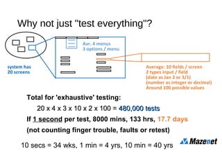 Why not just "test everything"?
system has
20 screens
Average: 10 fields / screen
2 types input / field
(date as Jan 3 or 3/1)
(number as integer or decimal)
Around 100 possible values
Total for 'exhaustive' testing:
20 x 4 x 3 x 10 x 2 x 100 =20 x 4 x 3 x 10 x 2 x 100 = 480,000 tests480,000 tests
If 1 second per test, 8000 mins, 133 hrs, 17.7 days
(not counting finger trouble, faults or retest)
Avr. 4 menus
3 options / menu
10 secs = 34 wks, 1 min = 4 yrs, 10 min = 40 yrs
 