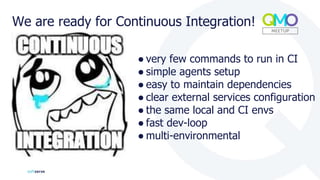 We are ready for Continuous Integration!
● very few commands to run in CI
● simple agents setup
● easy to maintain dependencies
● clear external services configuration
● the same local and CI envs
● fast dev-loop
● multi-environmental
 
