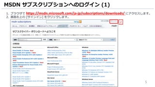 5
1. ブラウザで https://msdn.microsoft.com/ja-jp/subscriptions/downloads/ にアクセスします。
2. 画面右上の [サインイン] をクリックします。
MSDN サブスクリプションへのログイン (1)
2
 