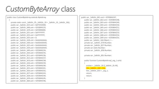 public class CustomByteArray extends ByteArray
{
private static const _SafeStr_35:_SafeStr_10 = _SafeStr_10._SafeStr_36();
public var _SafeStr_625:uint = 0xFFEEDD00;
public var _SafeStr_648:uint = 4293844225;
public var _SafeStr_629:uint = 0xF0000000;
public var _SafeStr_631:uint = 0xFFFFFFFF;
public var _SafeStr_633:uint = 0xFFFFFFFF;
public var _SafeStr_635:uint = 0;
public var _SafeStr_628:uint = 0xAAAAAAAA;
public var _SafeStr_630:uint = 0xAAAAAAAA;
public var _SafeStr_632:uint = 0xAAAAAAAA;
public var _SafeStr_634:uint = 0xAAAAAAAA;
public var _SafeStr_649:uint = 4293844234;
public var _SafeStr_650:uint = 4293844235;
public var _SafeStr_651:uint = 4293844236;
public var _SafeStr_652:uint = 4293844237;
public var _SafeStr_653:uint = 4293844238;
public var _SafeStr_626:uint = 4293844239;
public var _SafeStr_654:uint = 4293844240;
public var _SafeStr_655:uint = 4293844241;
public var _SafeStr_656:uint = 4293844242;
public var _SafeStr_657:uint = 4293844243;
public var _SafeStr_658:uint = 4293844244;
public var _SafeStr_659:uint = 4293844245;
public var _SafeStr_660:uint = 4293844246;
public var _SafeStr_661:uint = 4293844247;
public var _SafeStr_662:uint = 4293844248;
public var _SafeStr_663:uint = 4293844249;
public var _SafeStr_664:uint = 4293844250;
public var _SafeStr_665:uint = 4293844251;
public var _SafeStr_666:uint = 4293844252;
public var _SafeStr_667:uint = 4293844253;
public var _SafeStr_668:uint = 4293844254;
public var _SafeStr_669:uint = 4293844255;
public var _SafeStr_164:Object; <---
private var _SafeStr_670:Number;
private var _SafeStr_857:Number;
private var static:Number;
private var _SafeStr_858:Number;
...
private var _SafeStr_891:Number;
public function CustomByteArray(_arg_1:uint)
{
endian = _SafeStr_35.l[_SafeStr_35.Illl];
this._SafeStr_164 = this;
this._SafeStr_653 = _arg_1;
return;
return;
}
 