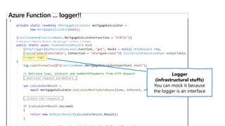 Azure Function … logger!!
Logger
(infrastructural stuffs)
You can mock it because
the logger is an interface
 