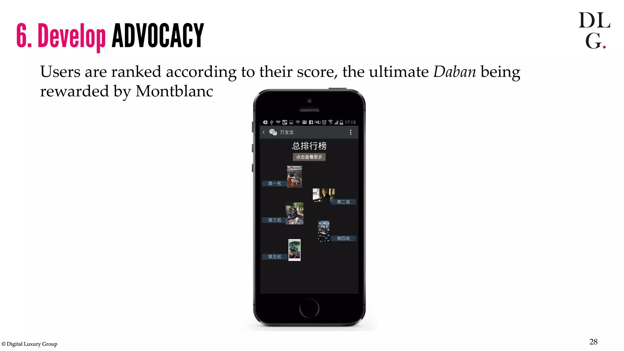 © Digital Luxury Group 28 
Users are ranked according to their score, the ultimate Daban being rewarded by Montblanc 
6. Develop ADVOCACY  