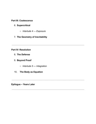 Part III: Coalescence
6.​ Supercritical​
○​ Interlude 4 — Exposure​
7.​ The Geometry of Inevitability​
Part IV: Resolution
8.​ The Defense​
9.​ Beyond Proof​
○​ Interlude 5 — Integration​
10.​ The Body as Equation​
Epilogue – Years Later
 