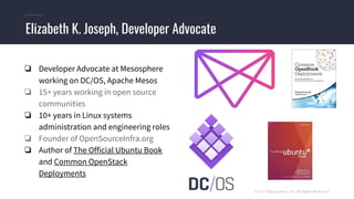 © 2017 Mesosphere, Inc. All Rights Reserved.
❏ Developer Advocate at Mesosphere
working on DC/OS, Apache Mesos
❏ 15+ years working in open source
communities
❏ 10+ years in Linux systems
administration and engineering roles
❏ Founder of OpenSourceInfra.org
❏ Author of The Official Ubuntu Book
and Common OpenStack
Deployments
Elizabeth K. Joseph, Developer Advocate
 