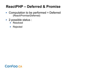 ReactPHP – Deferred & Promise
Computation to be performed = Deferred
(ReactPromiseDeferred)
2 possible status :
Resolved
Rejected
 