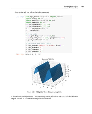 Plotting techniques 165
Execute the cell; you will get the following output:
Figure 4.22 – A 3D plot of demo data using matplotlib
In this exercise, you implemented a very interesting feature provided by matplotlib known as the
3D plot, which is an added feature in Python visualizations.
 