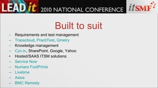 Built to suit Requirements and test management Tracecloud ,  PractiTest ,  Qmetry Knowledge management Cyn.in , SharePoint, Google, Yahoo Hosted/SAAS ITSM solutions: Service Now Numara FootPrints Livetime Axios BMC Remedy 
