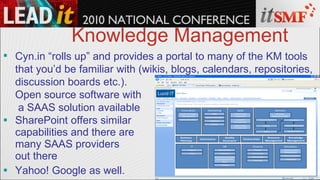 Knowledge Management SharePoint offers similar capabilities and there are many SAAS providers out there Yahoo! Google as well. Cyn.in “rolls up” and provides a portal to many of the KM tools that you’d be familiar with (wikis, blogs, calendars, repositories, discussion boards etc.). Open source software with  a SAAS solution available 