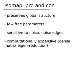 Isomap: pro and con
- preserves global structure

- few free parameters

- sensitive to noise, noise edges

- computationally expensive (dense
matrix eigen-reduction)
 