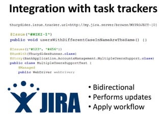 Integration with task trackers




               • Bidirectional
               • Performs updates
               • Apply workflow
 