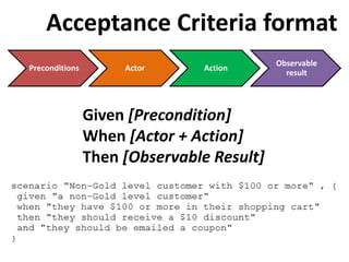 Acceptance Criteria format
                                           Observable
Preconditions        Actor      Action
                                             result




                Given [Precondition]
                When [Actor + Action]
                Then [Observable Result]
 