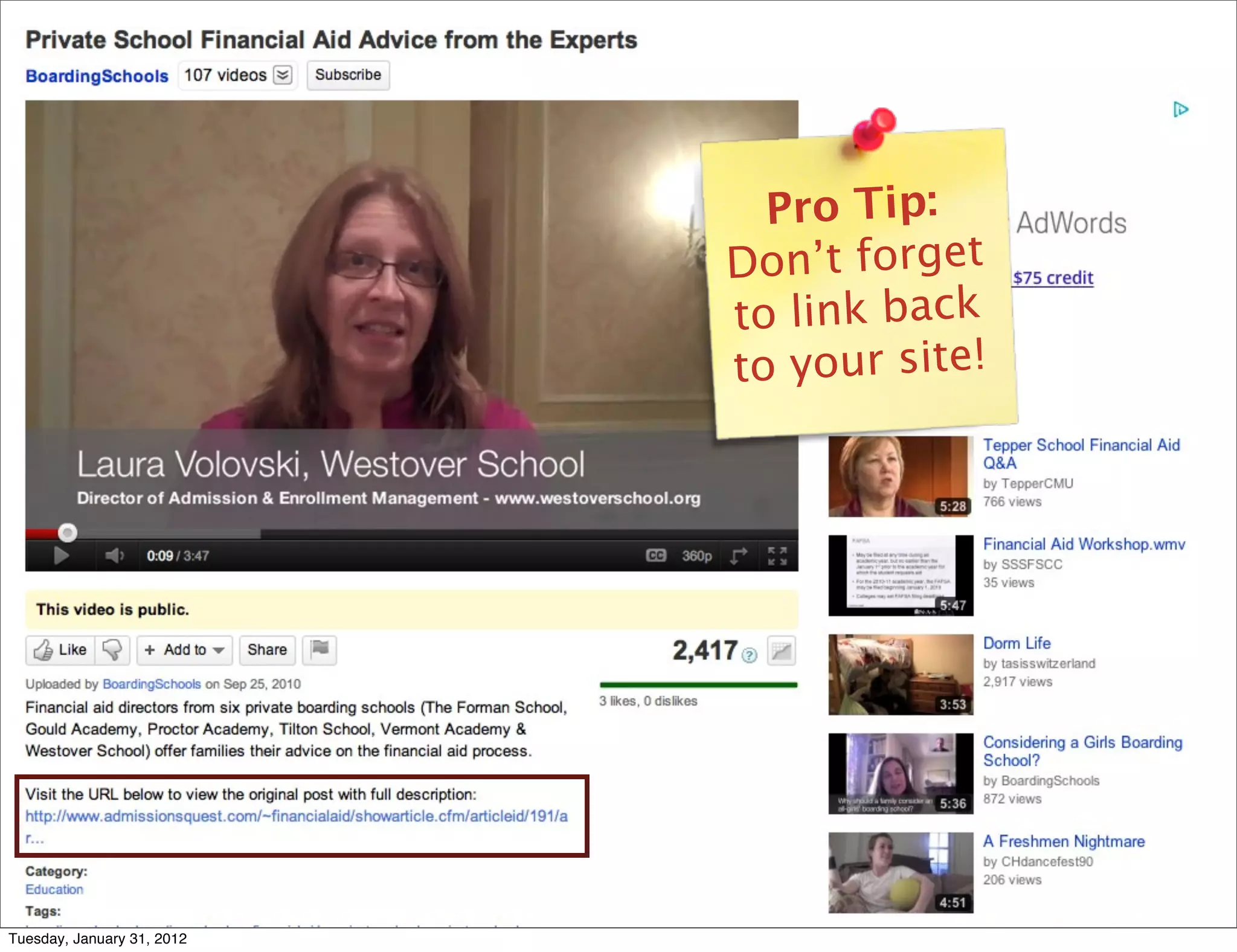 Pro Tip:
Don’t forget
to link back
to your site!
Tuesday, January 31, 2012
 