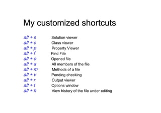 My customized shortcuts
alt + s   Solution viewer
alt + c   Class viewer
alt + p   Property Viewer
alt + f   Find File
alt + o   Opened file
alt + a   All members of the file
alt + m   Methods of a file
alt + v   Pending checking
alt + r   Output viewer
alt + t   Options window
alt + h   View history of the file under editing
 