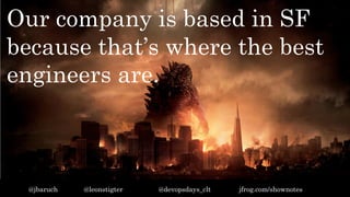 Our company is based in SF
because that’s where the best
engineers are.
@jbaruch @leonstigter @devopsdays_clt jfrog.com/shownotes
 