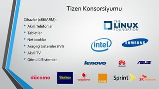 Tizen Konsorsiyumu
Cihazlar (x86/ARM):
• AkıllıTelefonlar
• Tabletler
• Netbooklar
• Araç-içi Sistemler (IVI)
• AkıllıTV
• Gömülü Sistemler
 