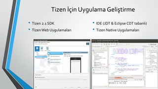 Tizen İçin Uygulama Geliştirme
• Tizen 2.1 SDK
• TizenWeb Uygulamaları
• IDE (JDT & Eclipse CDT tabanlı)
• Tizen Native Uygulamaları
 