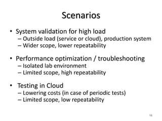 Scenarios 
• System validation for high load 
– Outside load (service or cloud), production system 
– Wider scope, lower repeatability 
• Performance optimization / troubleshooting 
– Isolated lab environment 
– Limited scope, high repeatability 
• Testing in Cloud 
– Lowering costs (in case of periodic tests) 
– Limited scope, low repeatability 
16 
 