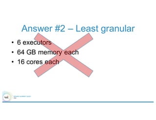 Answer #2 – Least granular
• 6 executors
• 64 GB memory each
• 16 cores each
 
