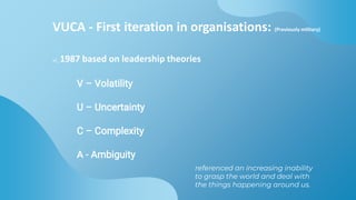VUCA - First iteration in organisations: (Previously military)
+/_ 1987 based on leadership theories
V – Volatility
U – Uncertainty
C – Complexity
A - Ambiguity
referenced an increasing inability
to grasp the world and deal with
the things happening around us.
 