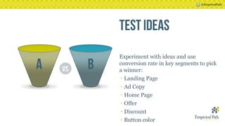 @EmpiricalPath
Experiment with ideas and use
conversion rate in key segments to pick
a winner:
‣ Landing Page
‣ Ad Copy
‣ Home Page
‣ Offer
‣ Discount
‣ Button color
 