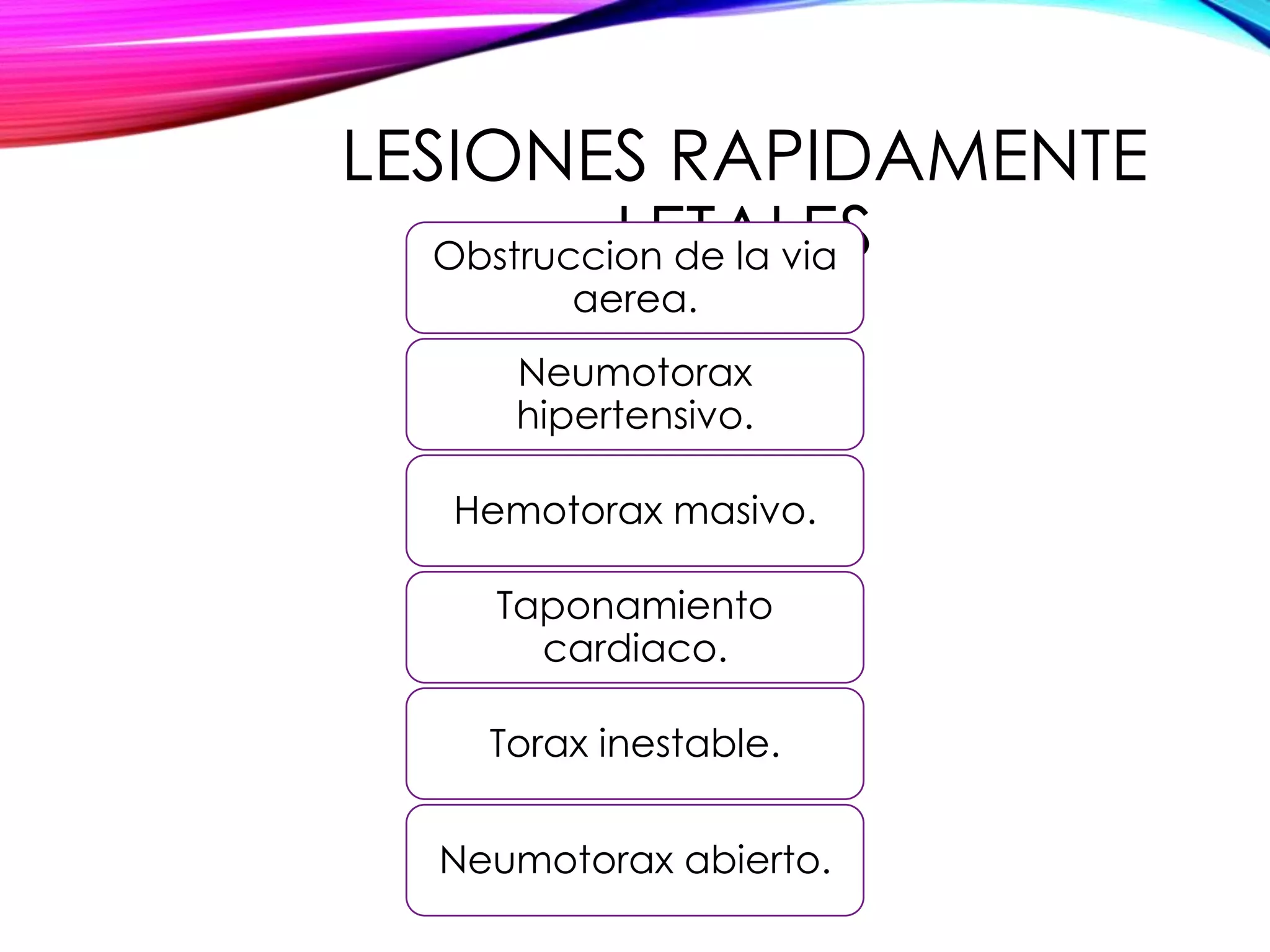 LESIONES RAPIDAMENTE
LETALES
Obstruccion de la via
aerea.

Neumotorax
hipertensivo.

Hemotorax masivo.
Taponamiento
cardiaco.
Torax inestable.
Neumotorax abierto.

 