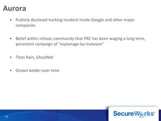 Aurora Publicly disclosed hacking incident inside Google and other major companies Belief within infosec community that PRC has been waging a long term, persistent campaign of “espionage-by-malware” Titan Rain, GhostNet Grown bolder over time 