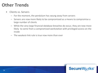 Other Trends Clients vs. Servers For the moment, the pendulum has swung away from servers Servers are now more likely to be compromised as a means to compromise a large number of clients While the very large financial database breaches do occur, they are now more likely  to come from a compromised workstation with privileged access on the inside The weakest-link rule is true now more than ever 