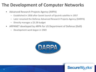 The Development of Computer Networks Advanced Research Projects Agency (ARPA) Established in 1958 after Soviet launch of Sputnik satellite in 1957 Later renamed the Defense Advanced Research Projects Agency (DARPA) Directly manages a $3.2B budget ARPANET developed by ARPA for US Department of Defense (DoD) Development work began in 1969  