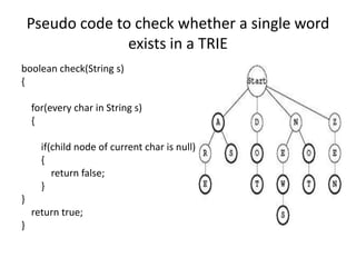 Pseudo code to check whether a single word
exists in a TRIE
boolean check(String s)
{
for(every char in String s)
{
if(child node of current char is null)
{
return false;
}
}
return true;
}
 