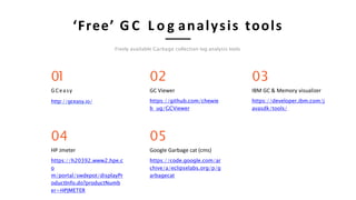‘Free’ G C L o g analysis tools
Freely available Garbage collection log analysis tools
03
IBM GC & Memory visualizer
https://developer.ibm.com/j
avasdk/tools/
02
GC Viewer
https://github.com/chewie
b ug/GCViewer
01
GCeasy
http://gceasy.io/
05
Google Garbage cat (cms)
https://code.google.com/ar
chive/a/eclipselabs.org/p/g
arbagecat
04
HP Jmeter
https://h20392.www2.hpe.c
o
m/portal/swdepot/displayPr
oductInfo.do?productNumb
er=HPJMETER
 