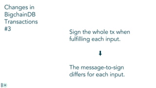 Changes in
BigchainDB
Transactions
#3 Sign the whole tx when
fulfilling each input.
⬇
The message-to-sign
differs for each input.
 