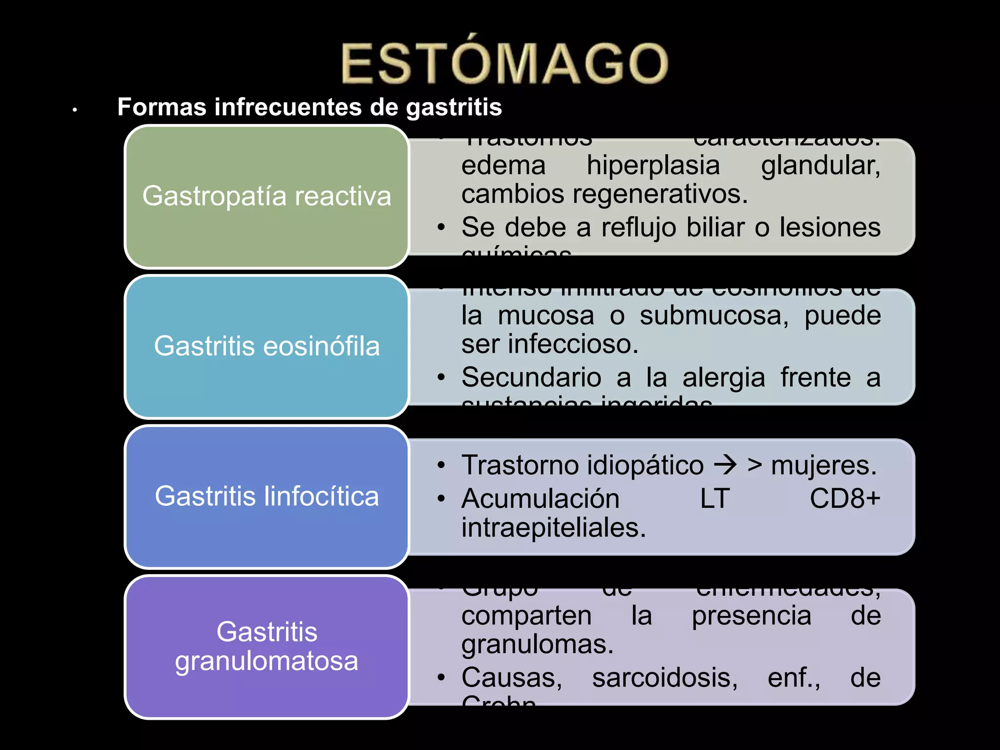 • Formas infrecuentes de gastritis
• Trastornos caracterizados:
edema hiperplasia glandular,
cambios regenerativos.
• Se debe a reflujo biliar o lesiones
químicas.
Gastropatía reactiva
• Intenso infiltrado de eosinófilos de
la mucosa o submucosa, puede
ser infeccioso.
• Secundario a la alergia frente a
sustancias ingeridas.
Gastritis eosinófila
• Trastorno idiopático  > mujeres.
• Acumulación LT CD8+
intraepiteliales.
Gastritis linfocítica
• Grupo de enfermedades,
comparten la presencia de
granulomas.
• Causas, sarcoidosis, enf., de
Crohn.
Gastritis
granulomatosa
 