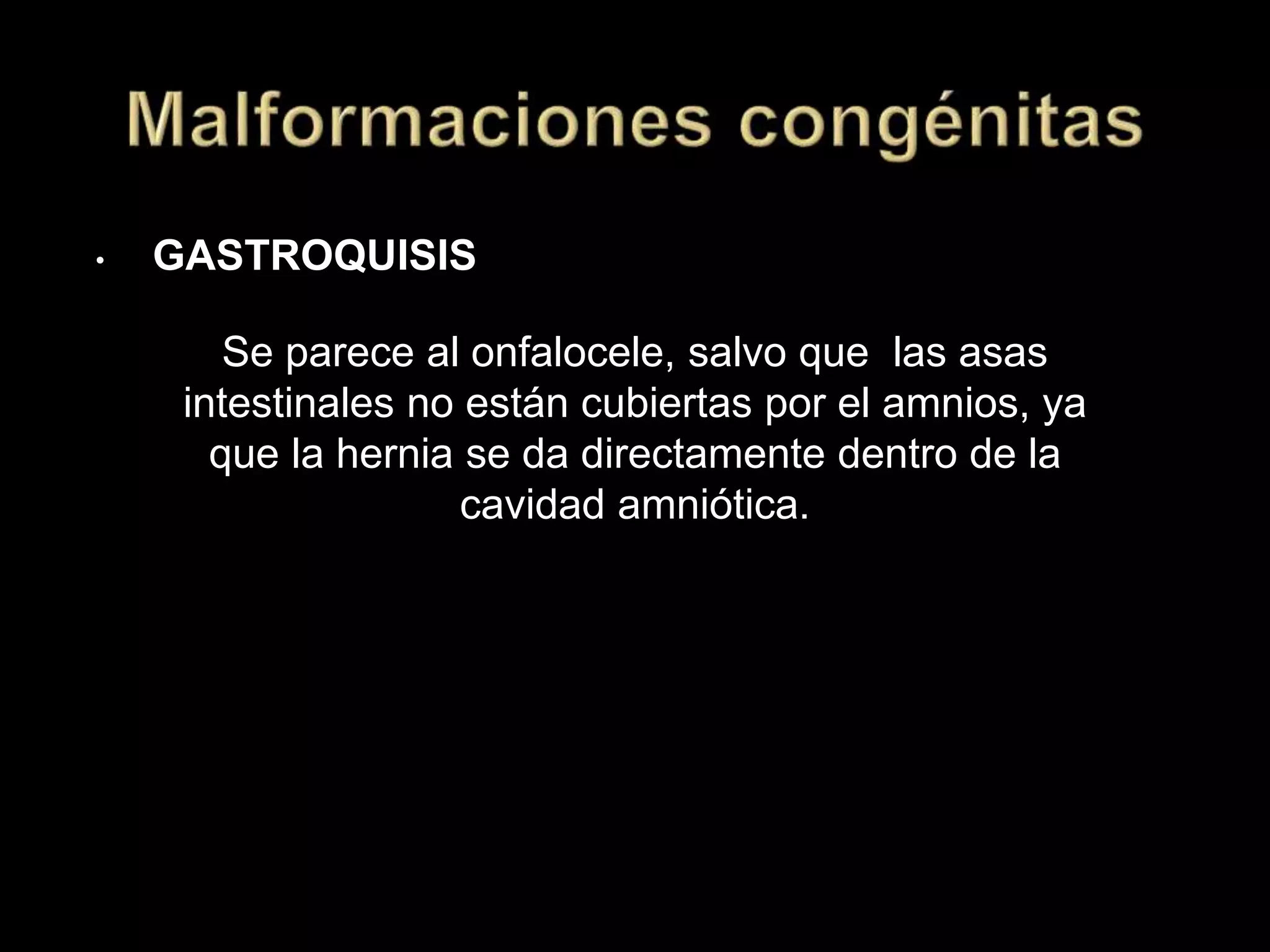 • GASTROQUISIS
Se parece al onfalocele, salvo que las asas
intestinales no están cubiertas por el amnios, ya
que la hernia se da directamente dentro de la
cavidad amniótica.
 