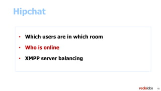 15
Hipchat
• Which users are in which room
• Who is online
• XMPP server balancing
 