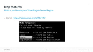 35 © Cloudera, Inc. All rights reserved.
• Demo (https://asciinema.org/a/247177)
htop features
Metrics per Namespace/Table/RegionServer/Region
 