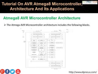 http://www.elprocus.com/
Tutorial On AVR Atmega8 Microcontroller,
Architecture And Its Applications
Atmega8 AVR Microcontroller Architecture
 The Atmega AVR Microcontroller architecture includes the following blocks.
 