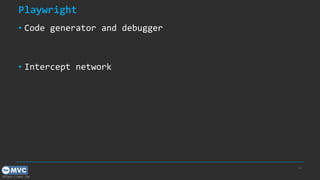 https://mvc.tw
Playwright
▪ Code generator and debugger
▪ Intercept network
34
 