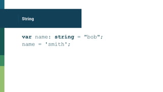 var name: string = "bob";
name = 'smith';
String
 