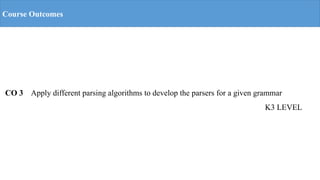 Course Outcomes
CO 3 Apply different parsing algorithms to develop the parsers for a given grammar
K3 LEVEL
 