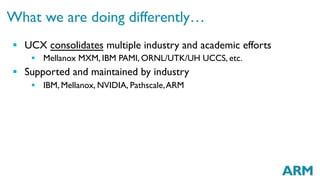 What we are doing differently…
§  UCX consolidates multiple industry and academic efforts
§  Mellanox MXM, IBM PAMI, ORNL/UTK/UH UCCS, etc.
§  Supported and maintained by industry
§  IBM, Mellanox, NVIDIA, Pathscale,ARM
 