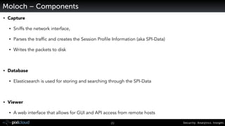 26 Secur i ty. Analyt ics . Ins ight . 
Moloch 
Open source, large scale IPv4 
packet capturing, indexing and 
database system powered by elastic 
search. 
Web interface for PCAP browsing, 
searching, reporting, and exporting 
PCAPs 
https://github.com/aol/moloch 
 