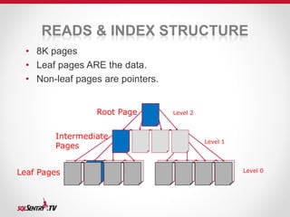 READS & INDEX STRUCTURE 
• 8K pages 
• Leaf pages ARE the data. 
• Non-leaf pages are pointers. 
Leaf Pages 
Root Page 
Level 0 
Intermediate 
Pages 
Level 1 
Level 2 
 