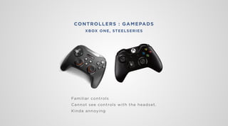 CONTROLLERS : GAMEPADS
XBOX ONE, STEELSERIES
Familiar controls
Cannot see controls with the headset.
Kinda annoying
 