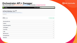 7
Orchestrator API + Swagger
https://cloud.uipath.com/[OrchestratorName]/[TenantName]/orchestrator_/swagger/index.html
 