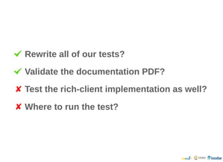 Rewrite all of our tests?Rewrite all of our tests?
Validate the documentation PDF?Validate the documentation PDF?
Test the rich-client implementation as well?Test the rich-client implementation as well?
Where to run the test?Where to run the test?
 