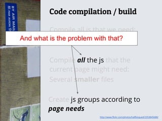 Code compilation / build
Compile all the js that the
current page might need:
Several smaller files
Compile all js that we need:
One huge file
Create js groups according to
page needs
And what is the problem with that?
http://www.flickr.com/photos/halfbisqued/2353845688/
 