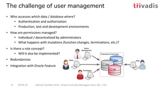 The challenge of user management
28.05.19 UKOUG Techfest 2019 - Oracle Centrally Managed Users 18c / 19c13
• Who accesses which data / database where?
• Authentication and authorization
• Production, test and development environments
• How are permissions managed?
• Individual / decentralized by administrators
• What happens with mutations (function changes, terminations, etc.)?
• Is there a role concept?
• Will it also be implemented?
• Redundancies
• Integration with Oracle Feature
 