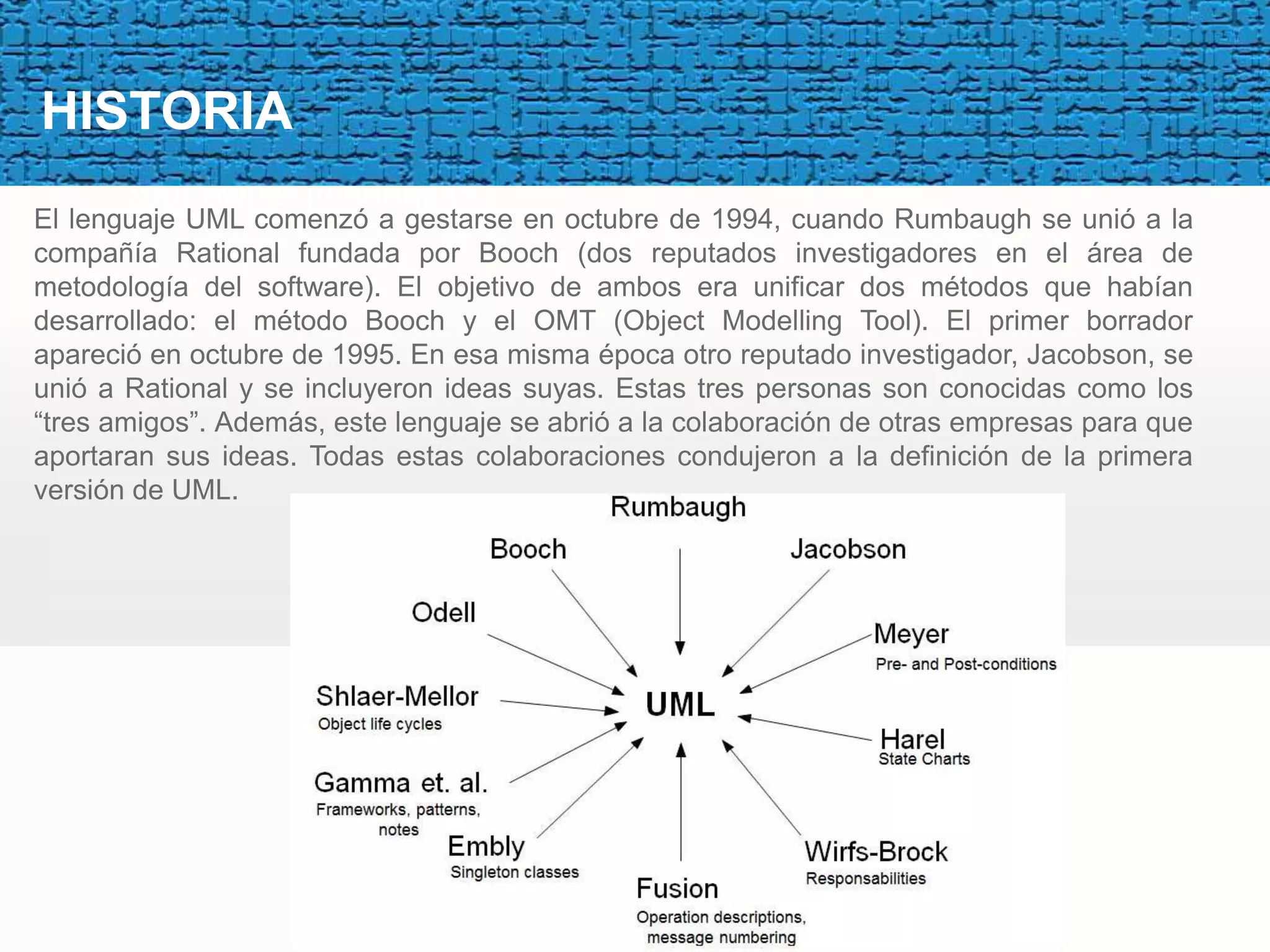 Templates

HISTORIA
   Templates
      Your own sub headline
El lenguaje UML comenzó a gestarse en octubre de 1994, cuando Rumbaugh se unió a la
compañía Rational fundada por Booch (dos reputados investigadores en el área de
       Templates
metodología del software). El objetivo de ambos era unificar dos métodos que habían
desarrollado: el método Booch y el OMT (Object Modelling Tool). El primer borrador
apareció en octubre de 1995. En esa misma época otro reputado investigador, Jacobson, se
unió a Rational y se incluyeron ideas suyas. Estas tres personas son conocidas como los
“tres amigos”. Además, este lenguaje se abrió a la colaboración de otras empresas para que
aportaran sus ideas. Todas estas colaboraciones condujeron a la definición de la primera
versión de UML.
 