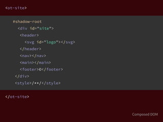 <ot-site>
#shadow-root
<div id="site">
<header>
<svg id="logo"></svg>
</header>
<nav></nav>
<main></main>
<footer>©</footer>
</div>
<style>/**/</style>
</ot-site>
Composed DOM
 