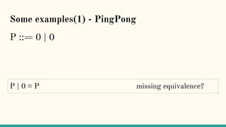 Some examples(1) - PingPong
P ::= 0 | 0
P | 0 ≡ P missing equivalence?
 